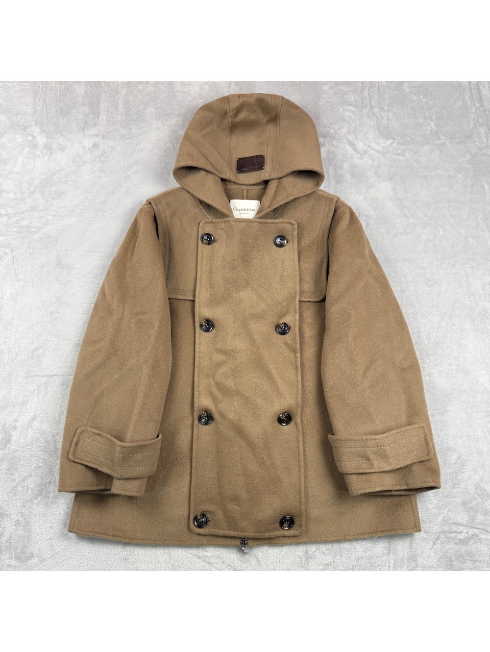 CupidsKiss Women’s XS Camel 100% Wool Hooded Double Breasted Peacoat Jacket Mod